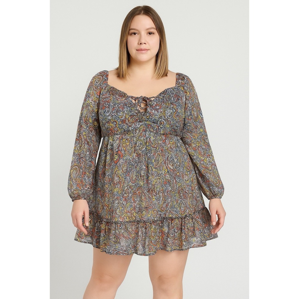 Women's 2XL Paisley Boho Peasant Tunic/Dress Ruffle Hem Long Sleeve Festival